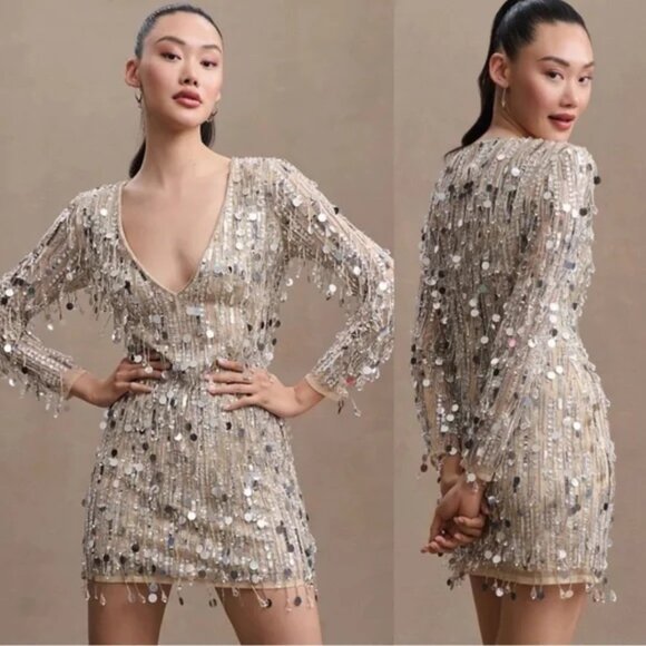 Anthropologie Dresses & Skirts - Mac Duggal 93850 Nude Silver Long Sleeve Beaded Fringe Plunge Neck Mini Dress